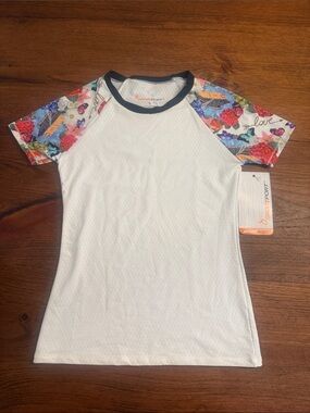 Women’s White Tee with Floral Raglan Sleeves